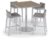 Travira 5-Piece 36" Square Bar Table & Bar Stool Set - Powder Coated Steel & Aluminum - Lite-Core Ash - Resin Wicker Argento