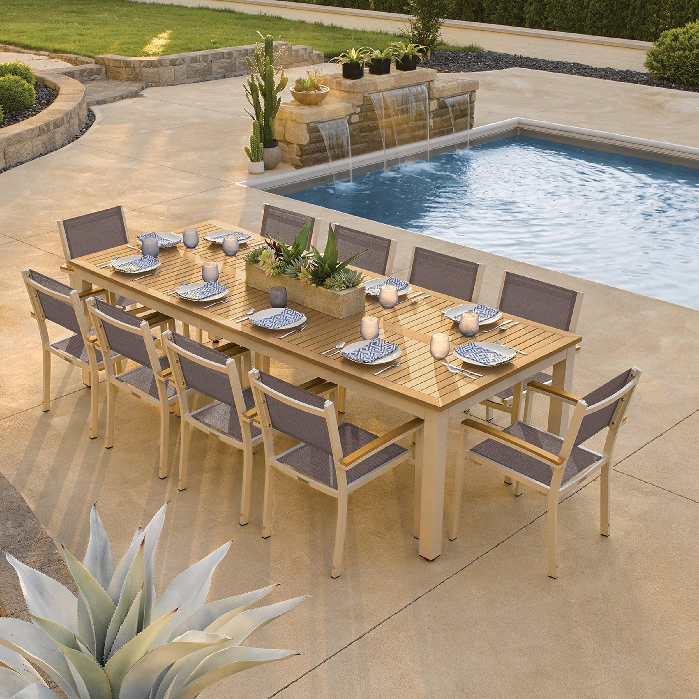 Travira 11-Piece 103"X42" Table And Sling Armchair Dining Set - Powder Coated Aluminum Frame - Tekwood Natural - Cocoa Sling
