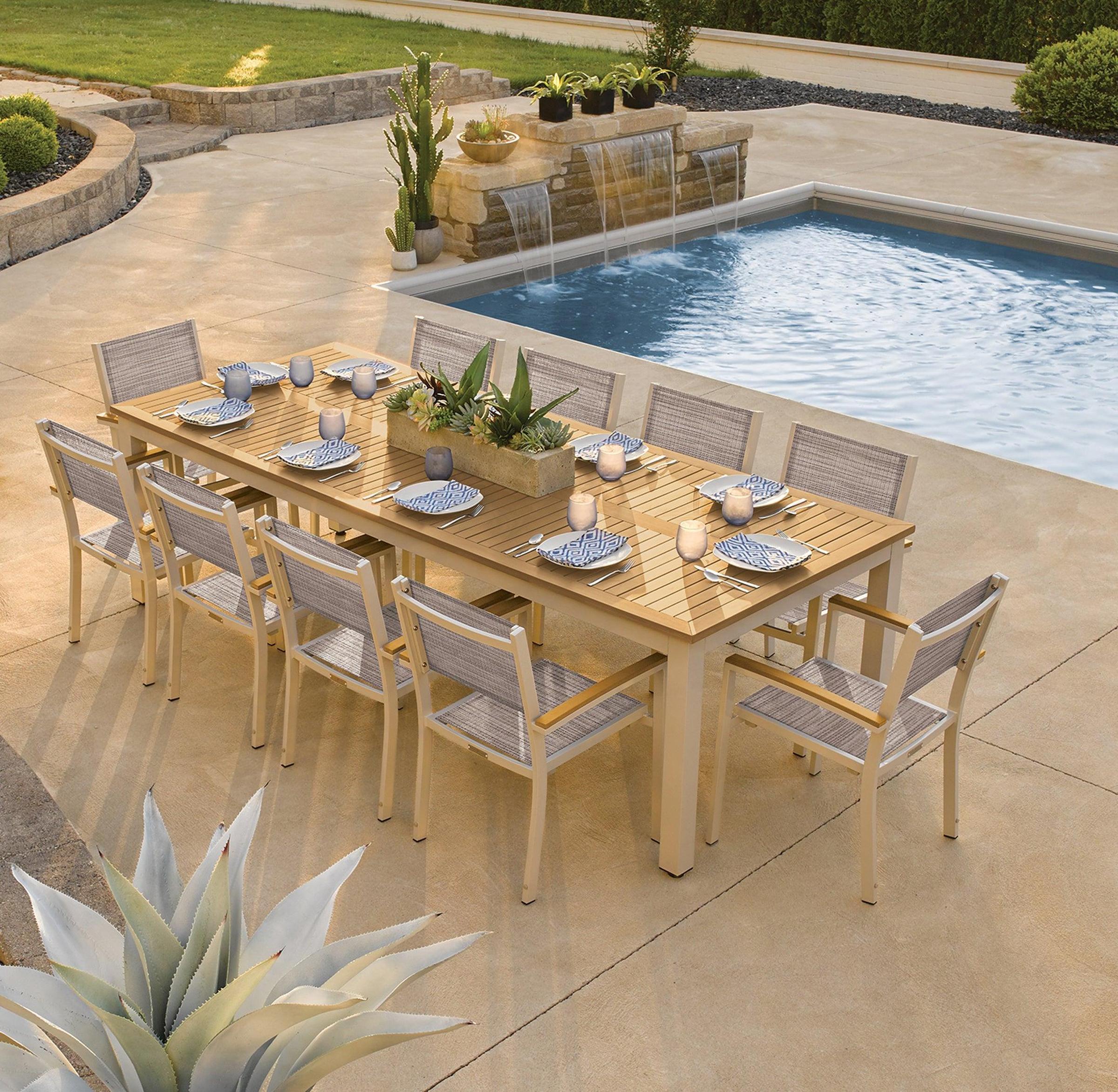Travira 11-Piece 103"X42" Table And Sling Armchair Dining Set - Powder Coated Aluminum Frame - Tekwood Natural - Bellows Sling