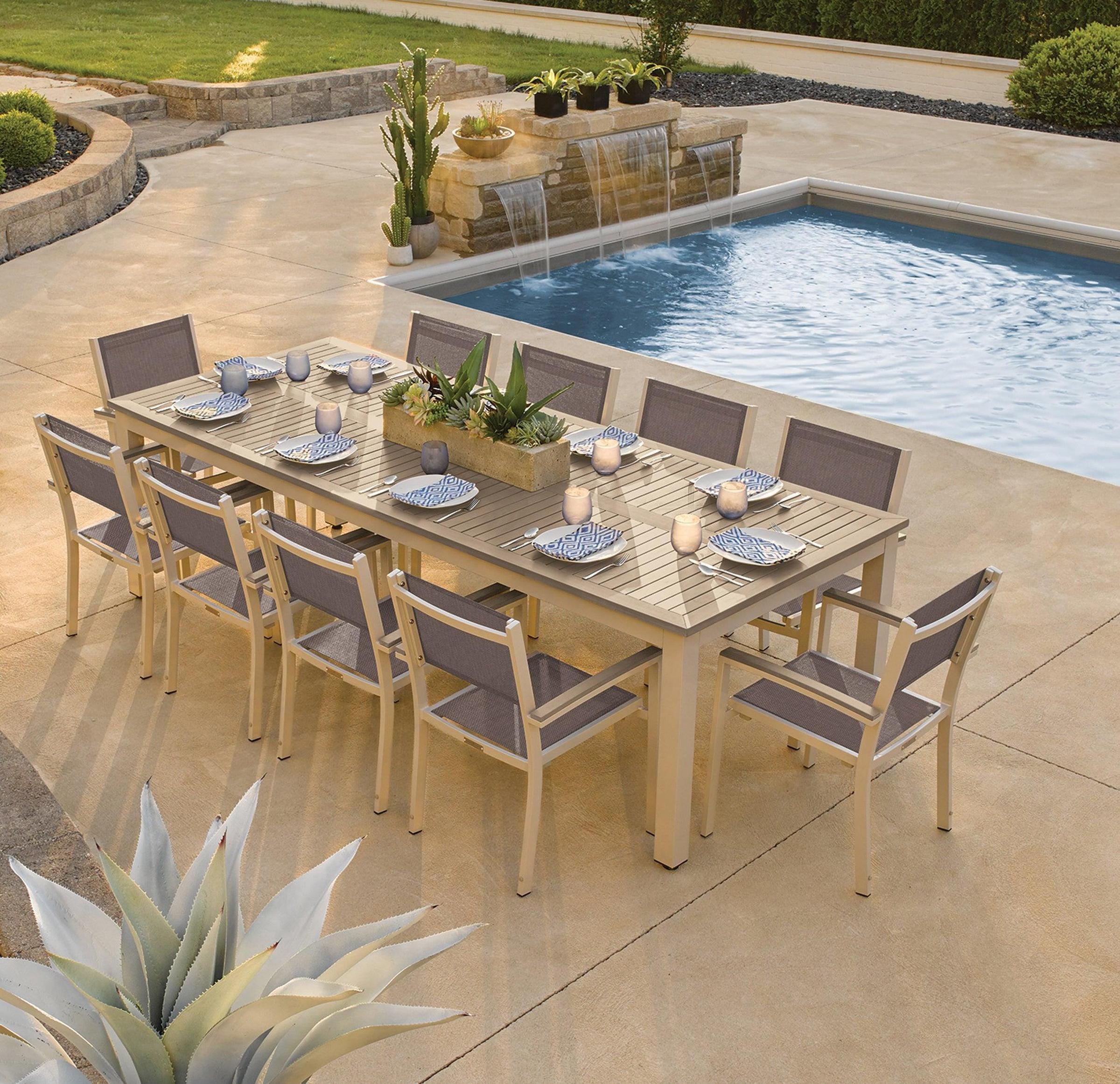 Travira 11-Piece 103"X42" Table And Sling Armchair Dining Set - Powder Coated Aluminum Frame - Tekwood Vintage - Cocoa Sling