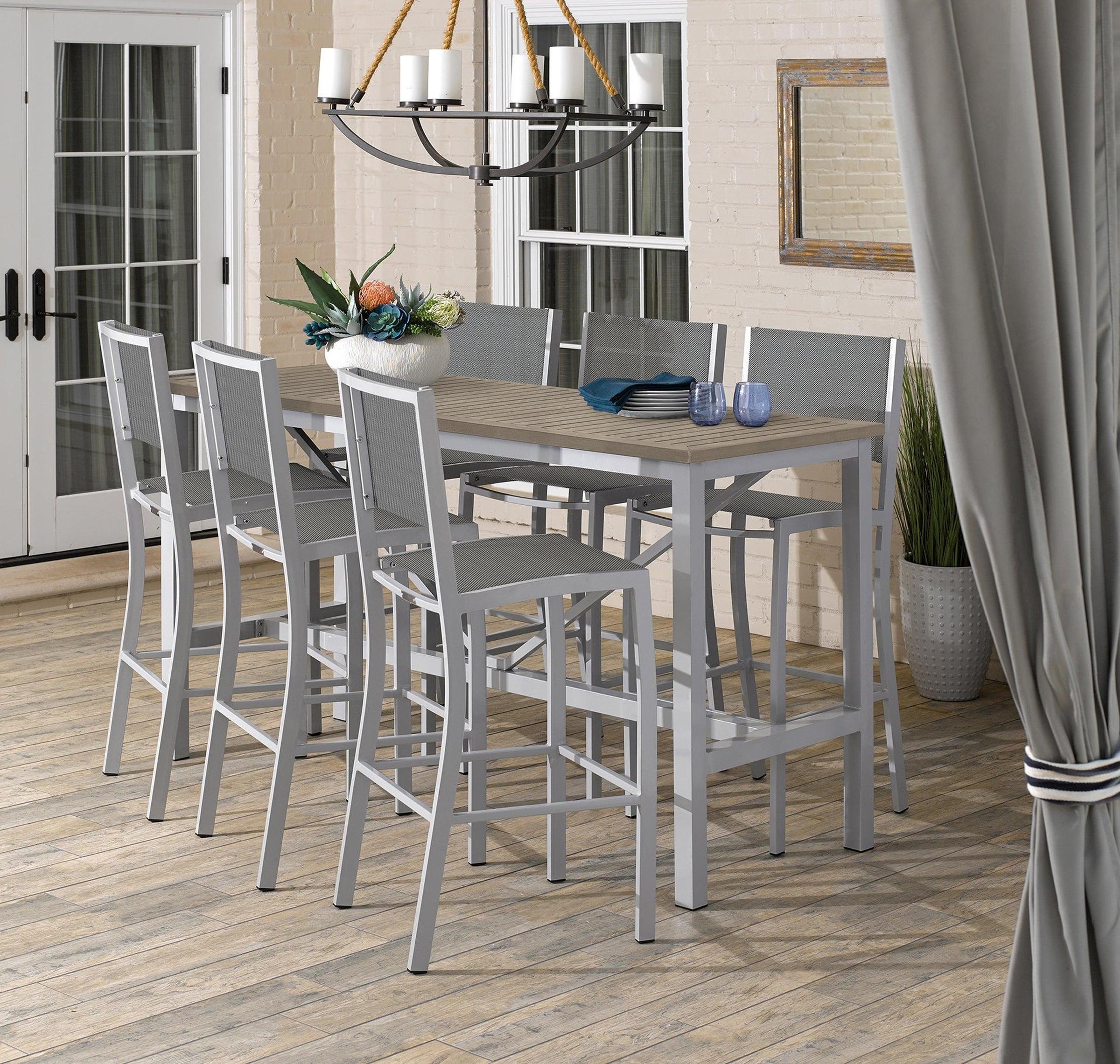 Travira 7-Piece 72"X30" Bar Table And Sling Bar Chair Set - Powder Coated Aluminum Frame - Tekwood Vintage -Titanium Sling