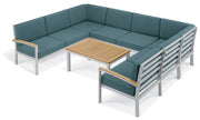 Travira 7-Piece Loveseat & Table Tekwood Chat Set - Ice Blue Cushion - Natural Tekwood