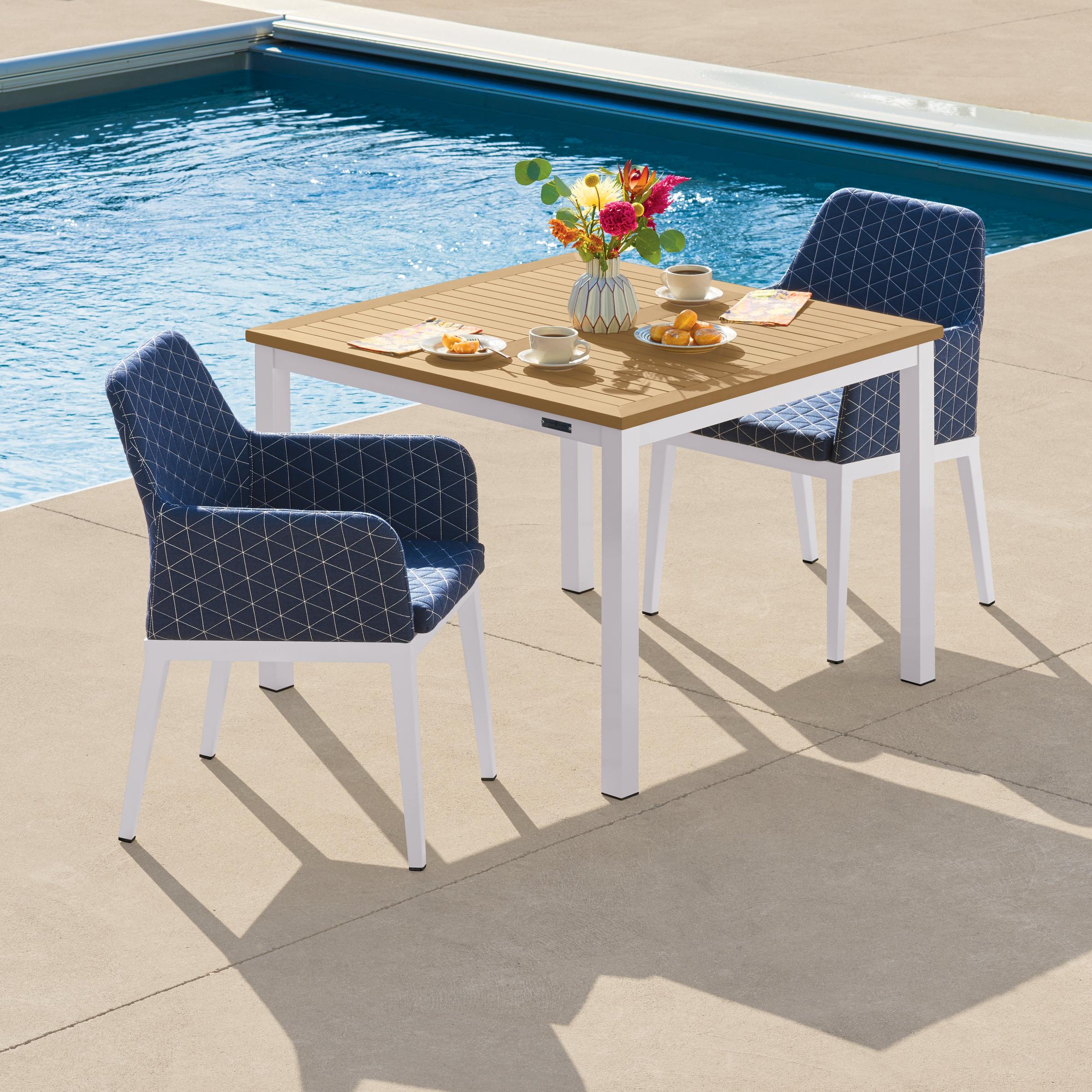 Oland 3-Piece 39" Square Dining Table And Armchairs - Chalk Frame - Natural Tekwood - Spectrum Indigo Quilted Upholstery & Cushion