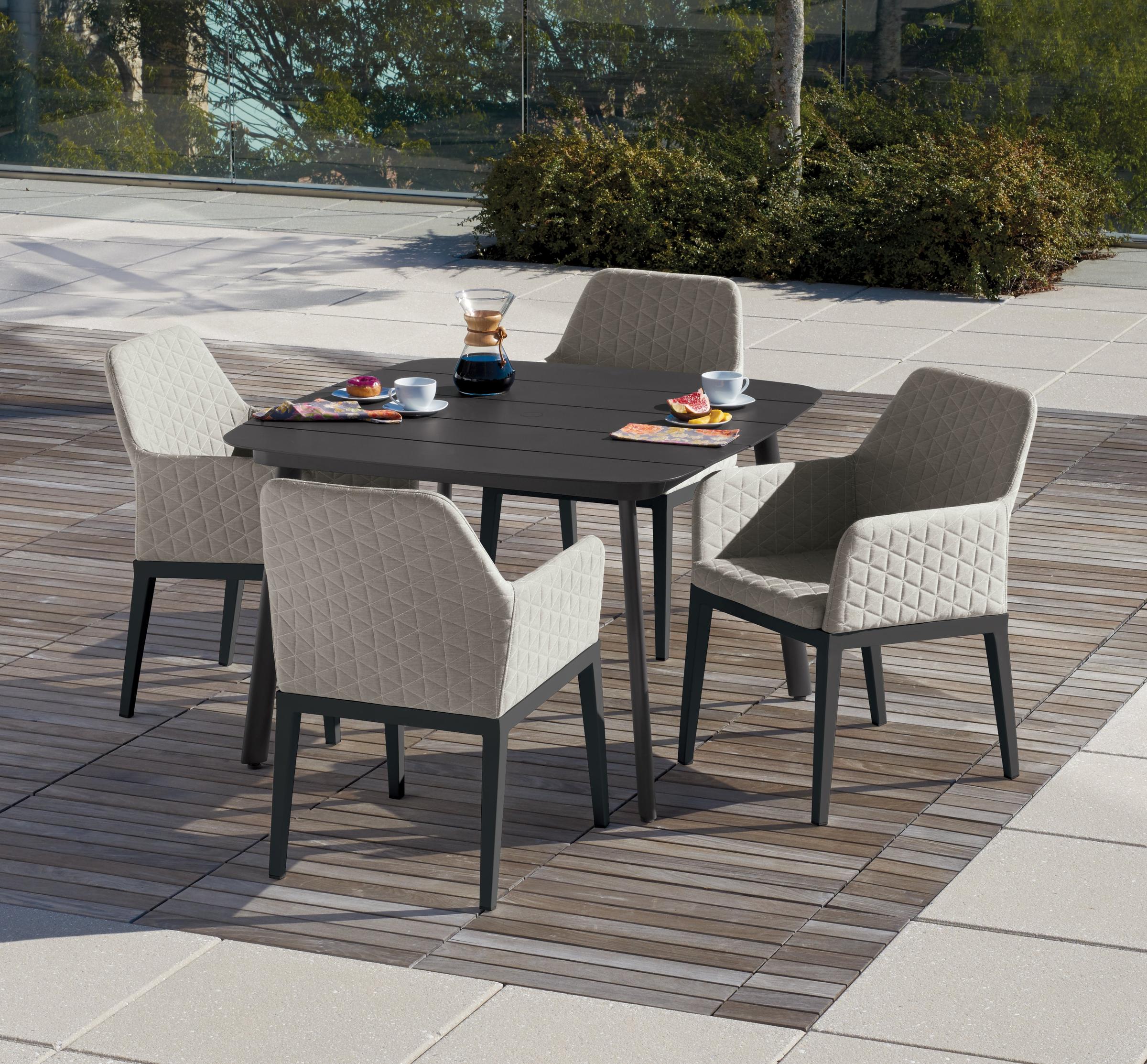 Oland 5-Piece 45" Square Dining Table And Armchairs - Carbon Frame - Canvas Granite Quilted Upholstery & Cushion