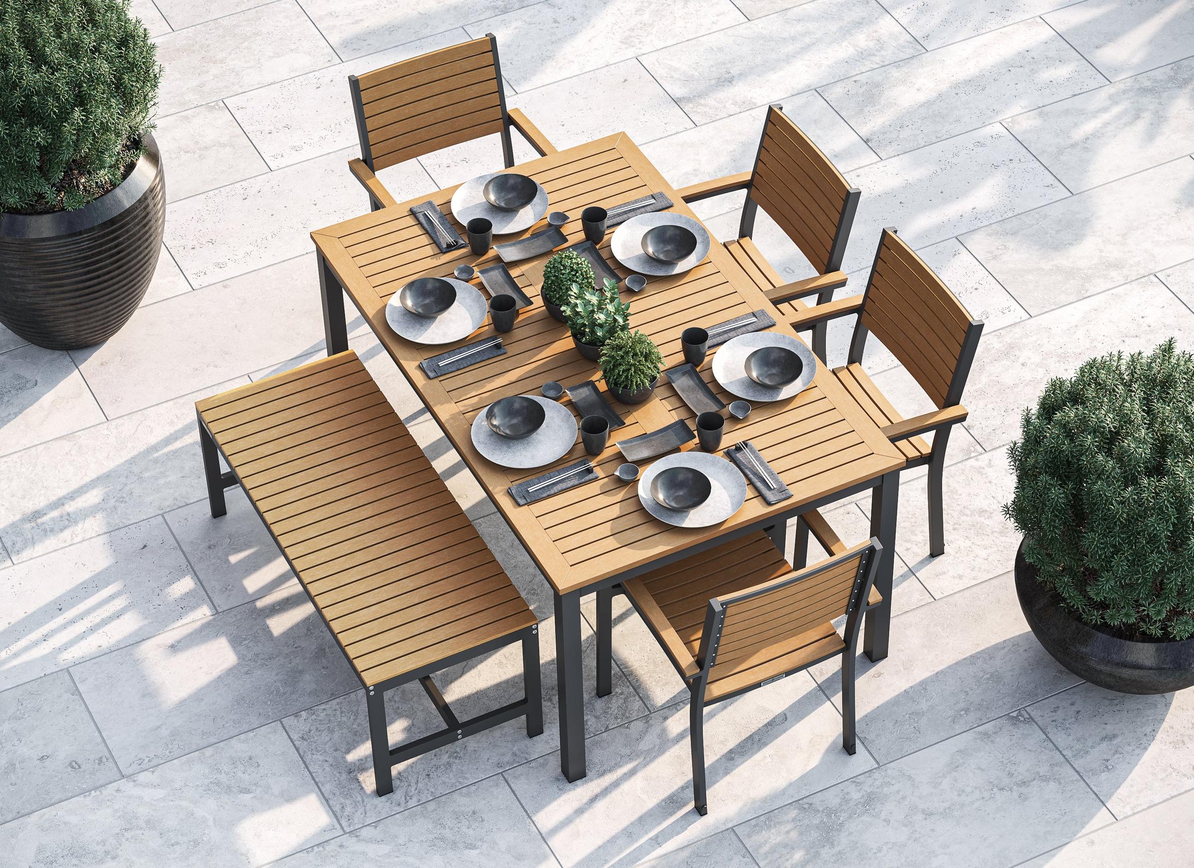 Travira 6-Piece 63"X40" Rectangular Dining Table, Slat Chairs, And Bench Set - Carbon Frame - Natural Tekwood
