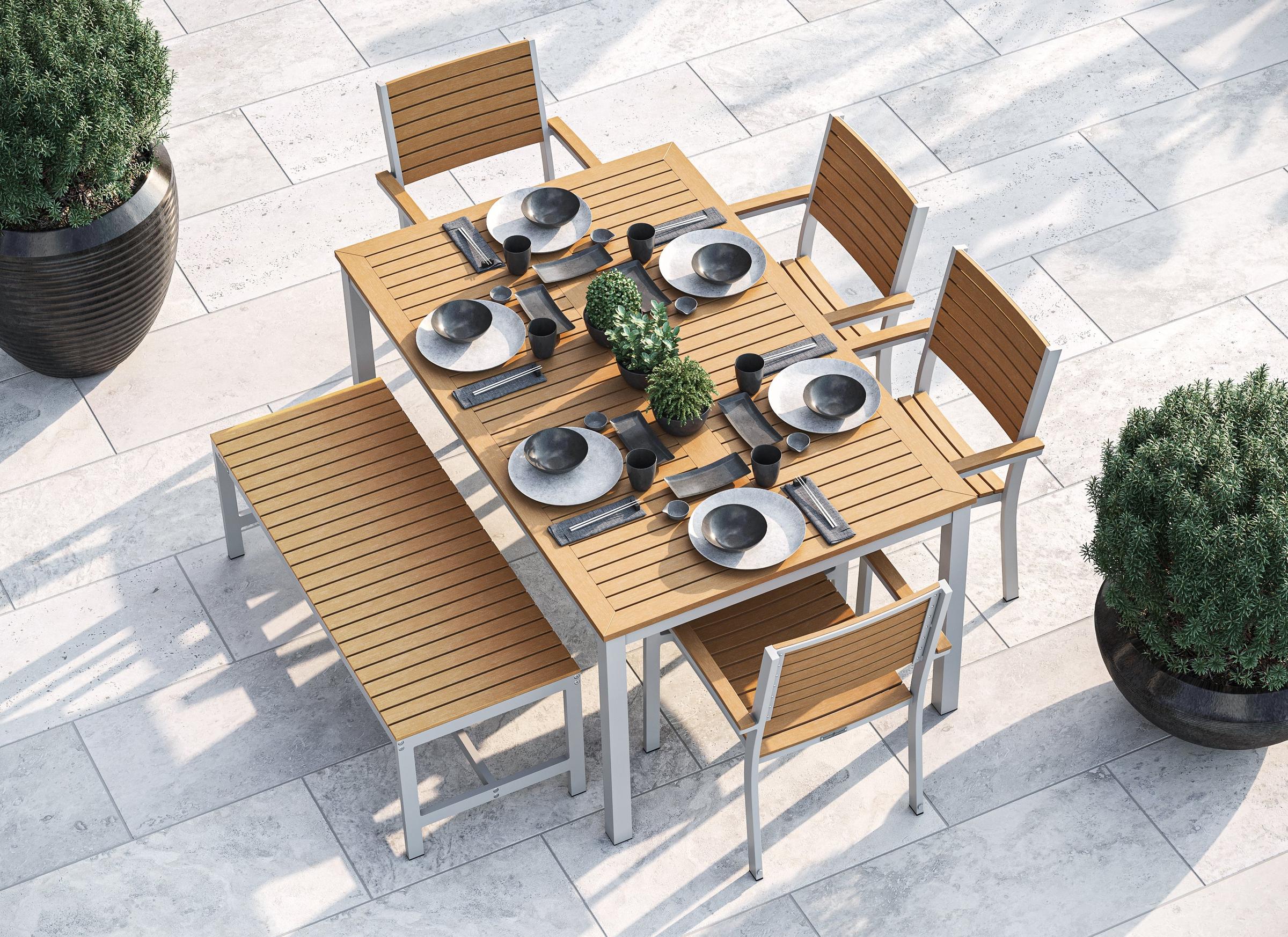 Travira 6-Piece 63"X40" Rectangular Dining Table, Slat Chairs, And Bench Set - Flint Frame - Natural Tekwood