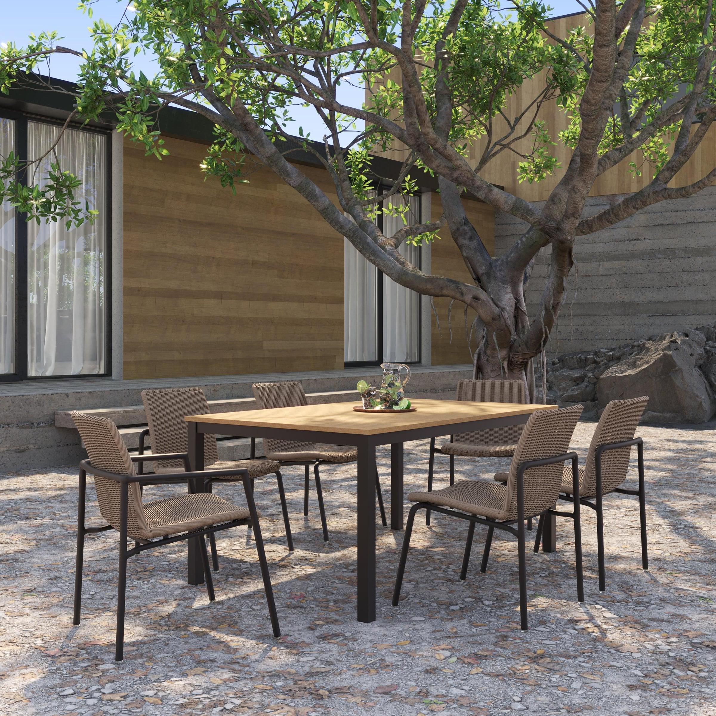 Orso 7-Piece 63" Rectangular Dining Table, Armchairs & Side Chairs Set - Natural Tekwood Top - Carbon - Sand Resin Wicker
