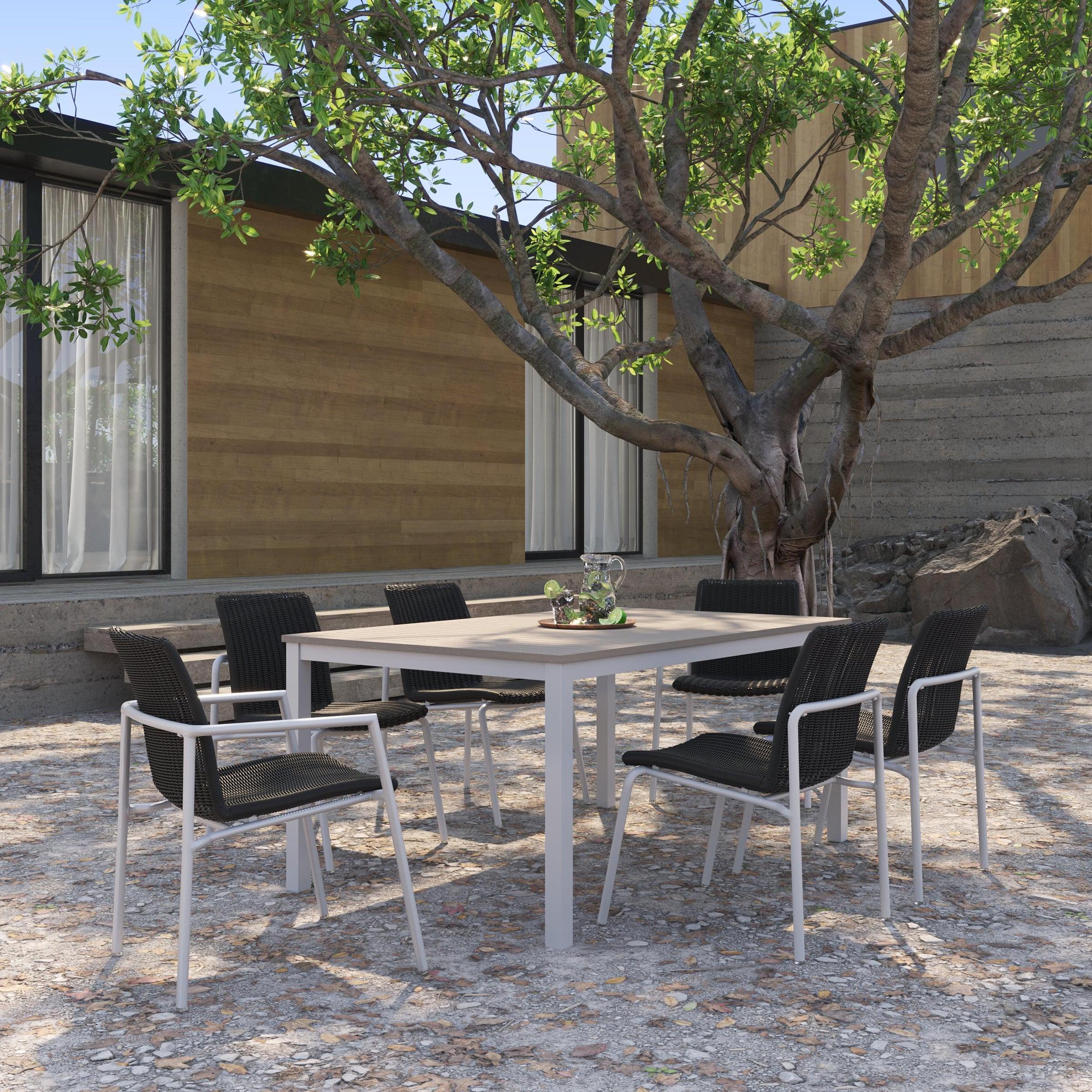 Orso 7-Piece 63" Rectangular Dining Table, Armchairs & Side Chairs Set - Vintage Tekwood Top - Flint - Shadow Resin Wicker