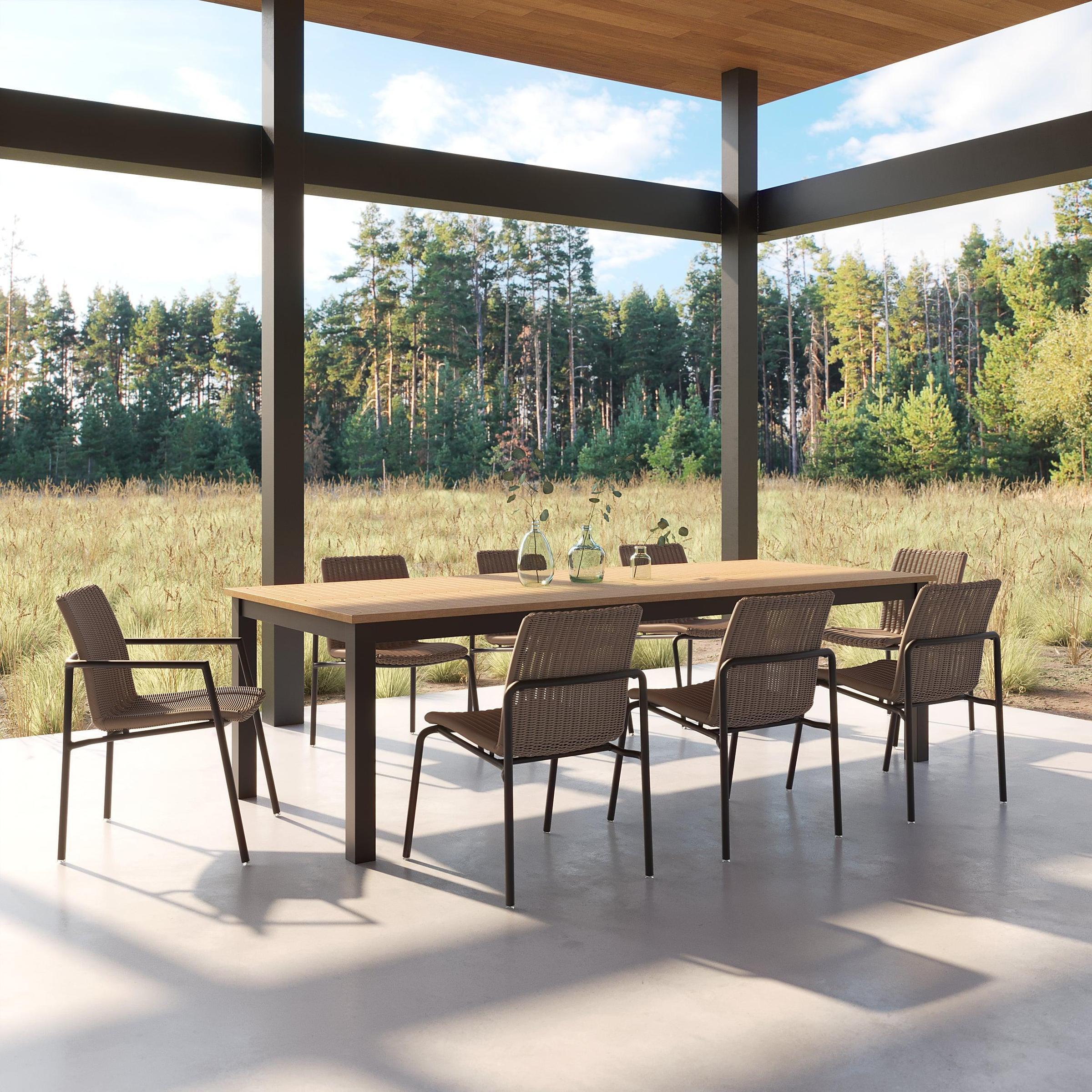 Orso 9-Piece 103" Rectangular Dining Table, Armchairs & Side Chairs Set - Natural Tekwood Top - Carbon - Sand Resin Wicker