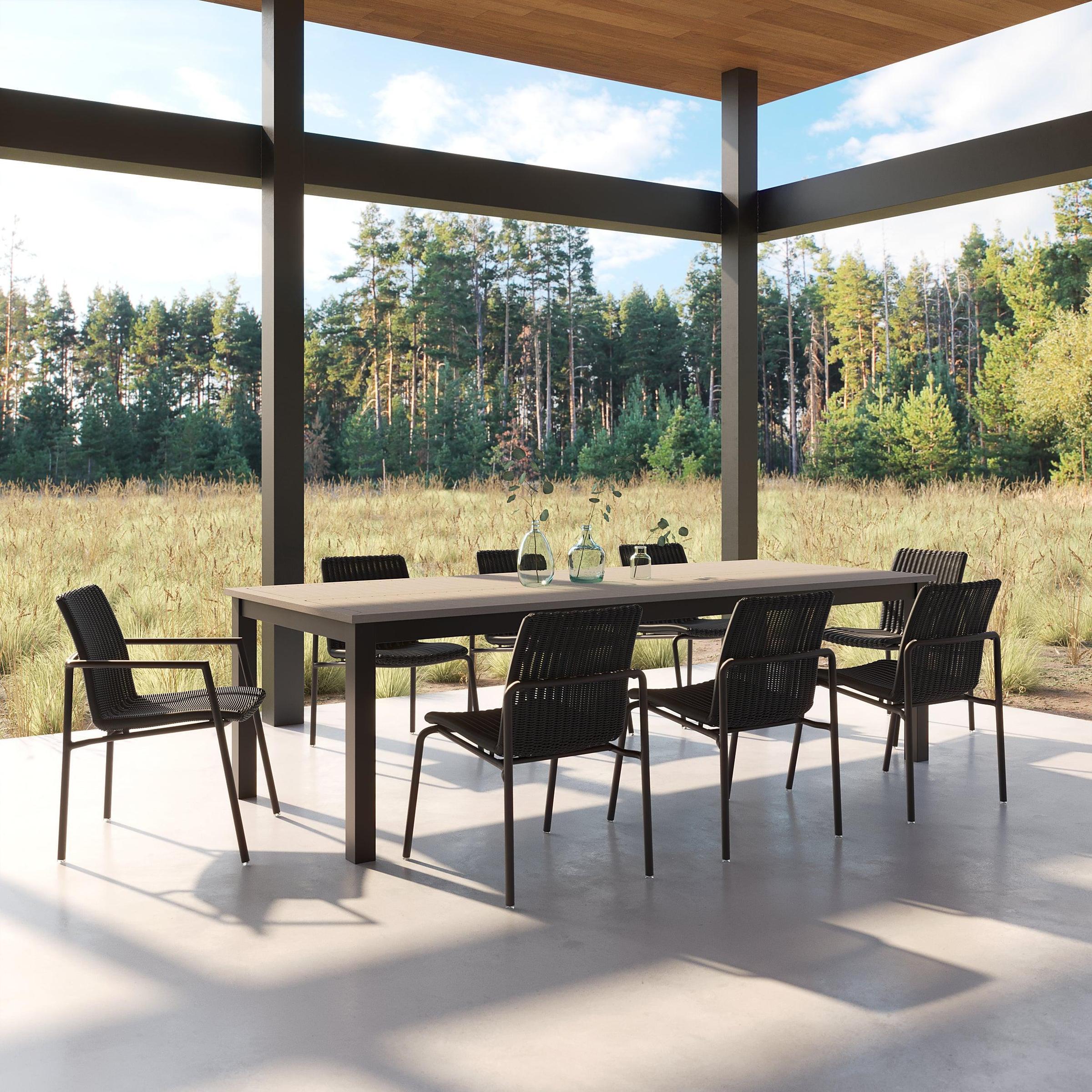 Orso 9-Piece 103" Rectangular Dining Table, Armchairs & Side Chairs Set - Vintage Tekwood Top - Carbon - Shadow Resin Wicker