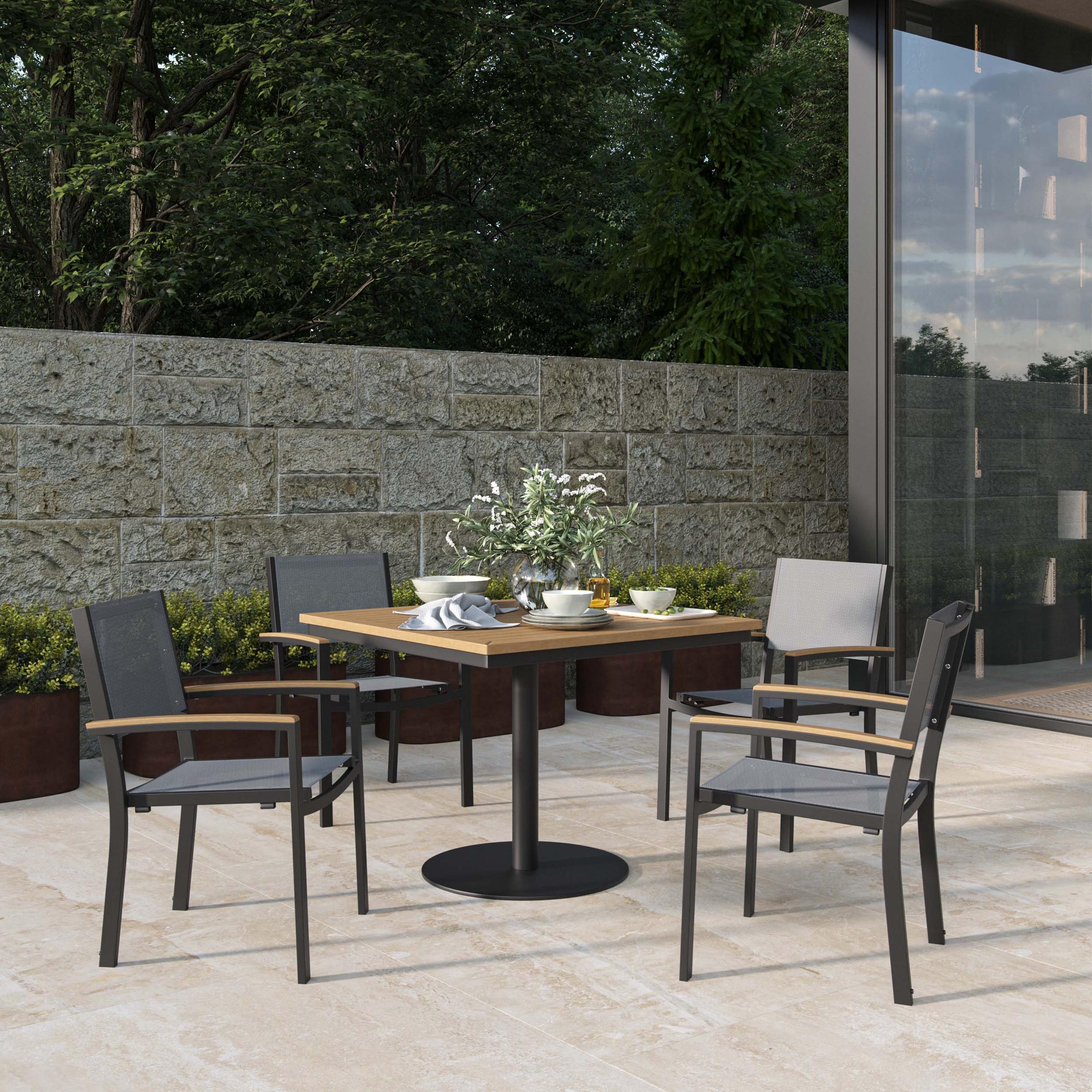 Travira 5-Piece 36" Square Dining Table And Armchairs Set - Carbon - Natural Tekwood Top - Titanium Sling