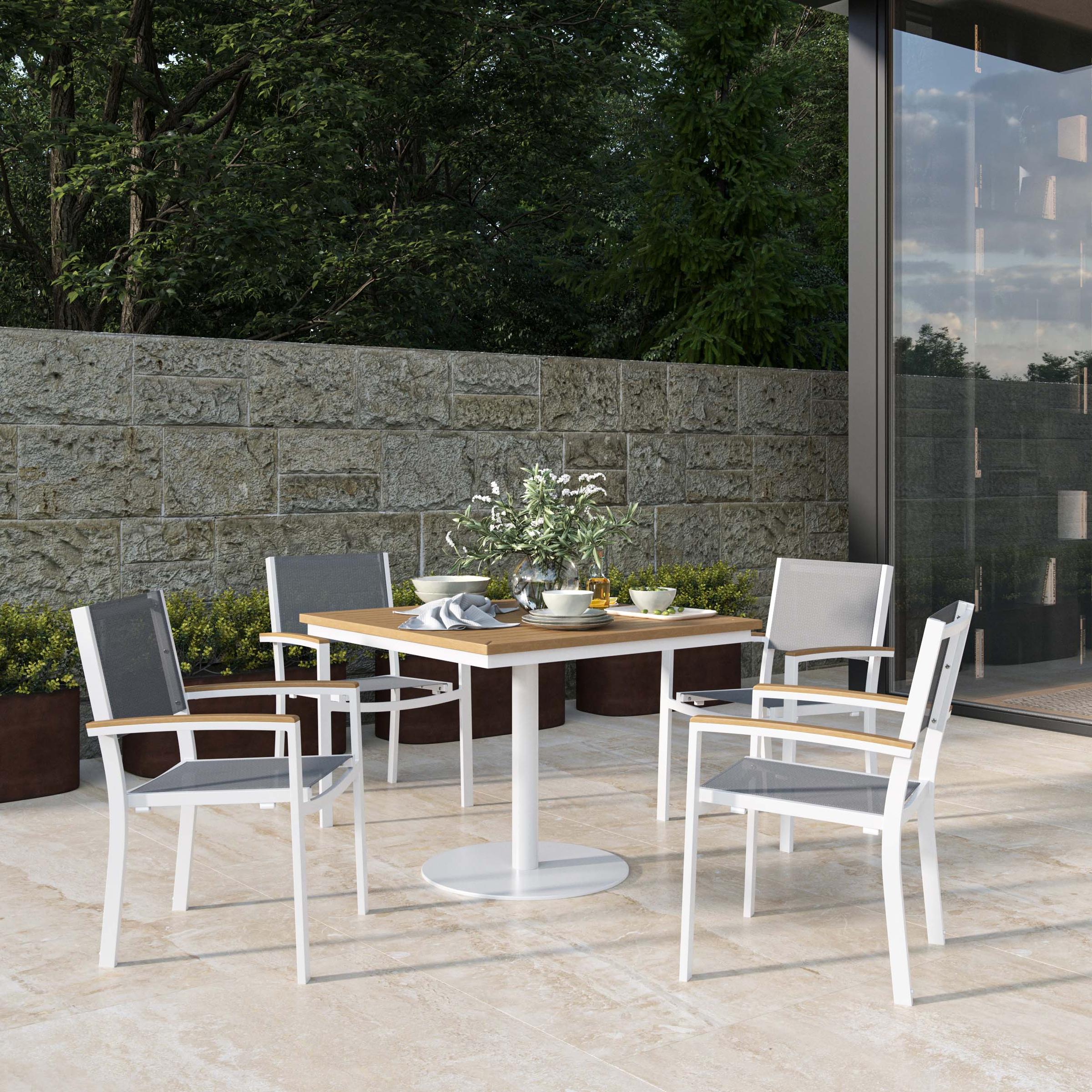 Travira 5-Piece 36" Square Dining Table And Armchairs Set - Chalk -  Natural Tekwood Top - Titanium Sling