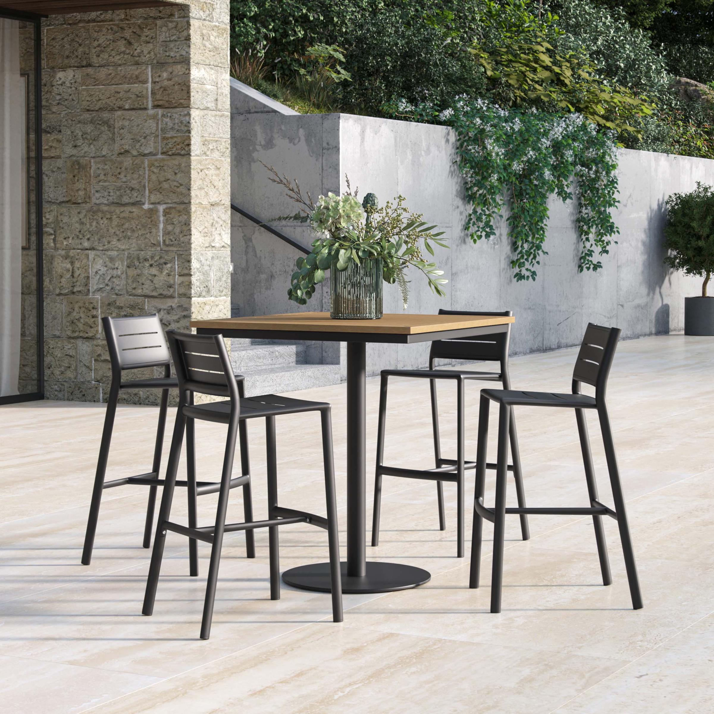 Eiland 5-Piece 36" Square Bar Table & Bar Stools Set - Natural Tekwood Top - Carbon