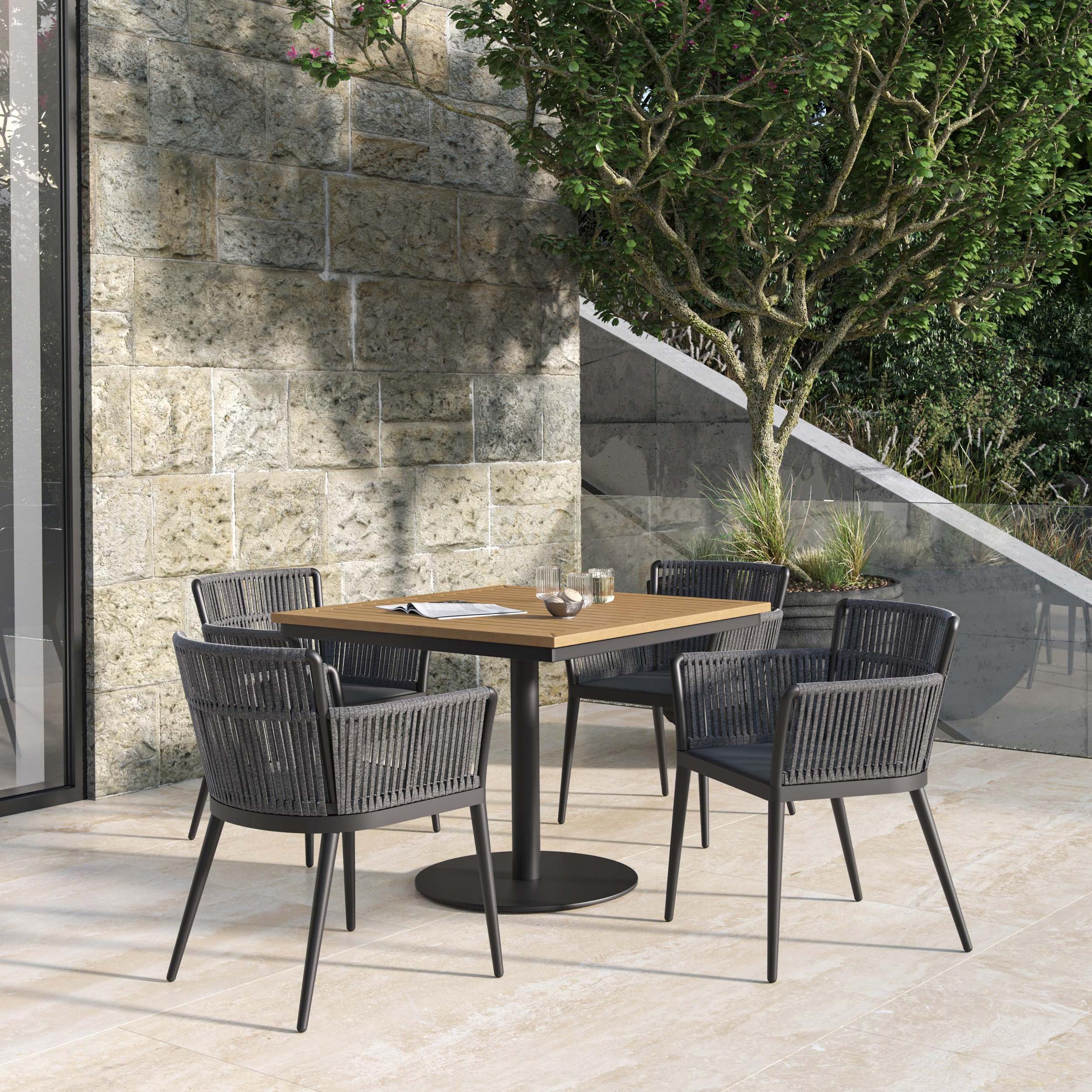Nette 5-Piece 36" Square Dining Table & Armchairs Set - Natural Tekwood Top - Carbon Ninja Seat - Pewter Strap