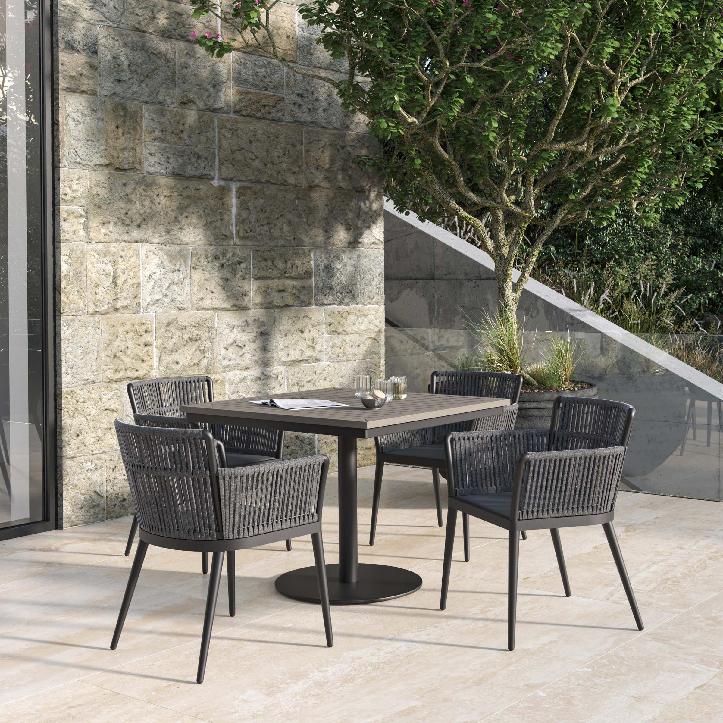 Nette 5-Piece 36" Square Dining Table & Armchairs Set - Vintage Tekwood Top - Carbon Ninja Seat - Pewter Strap