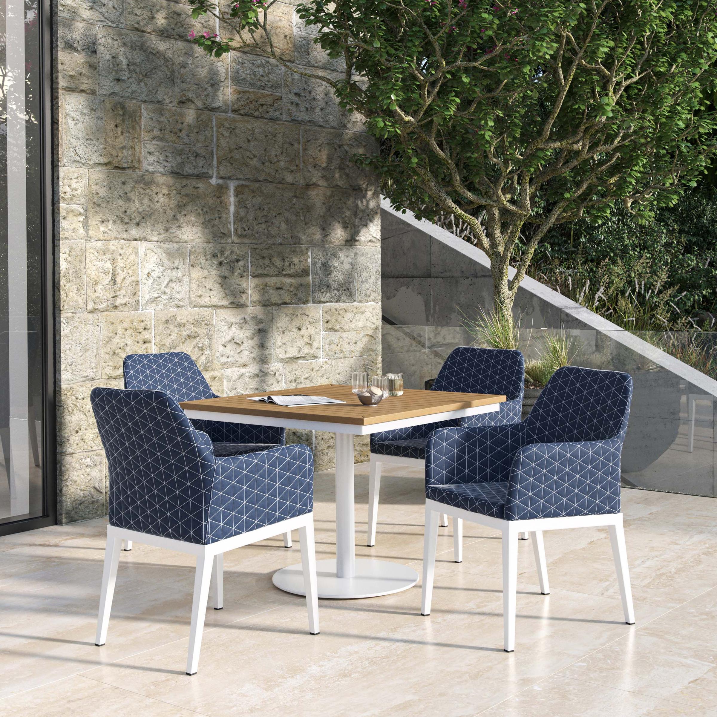 Oland 5-Piece 36" Square Dining Table & Armchairs Set - Natural Tekwood Top - Chalk - Spectrum Indigo Quilted Upholstery & Cushion