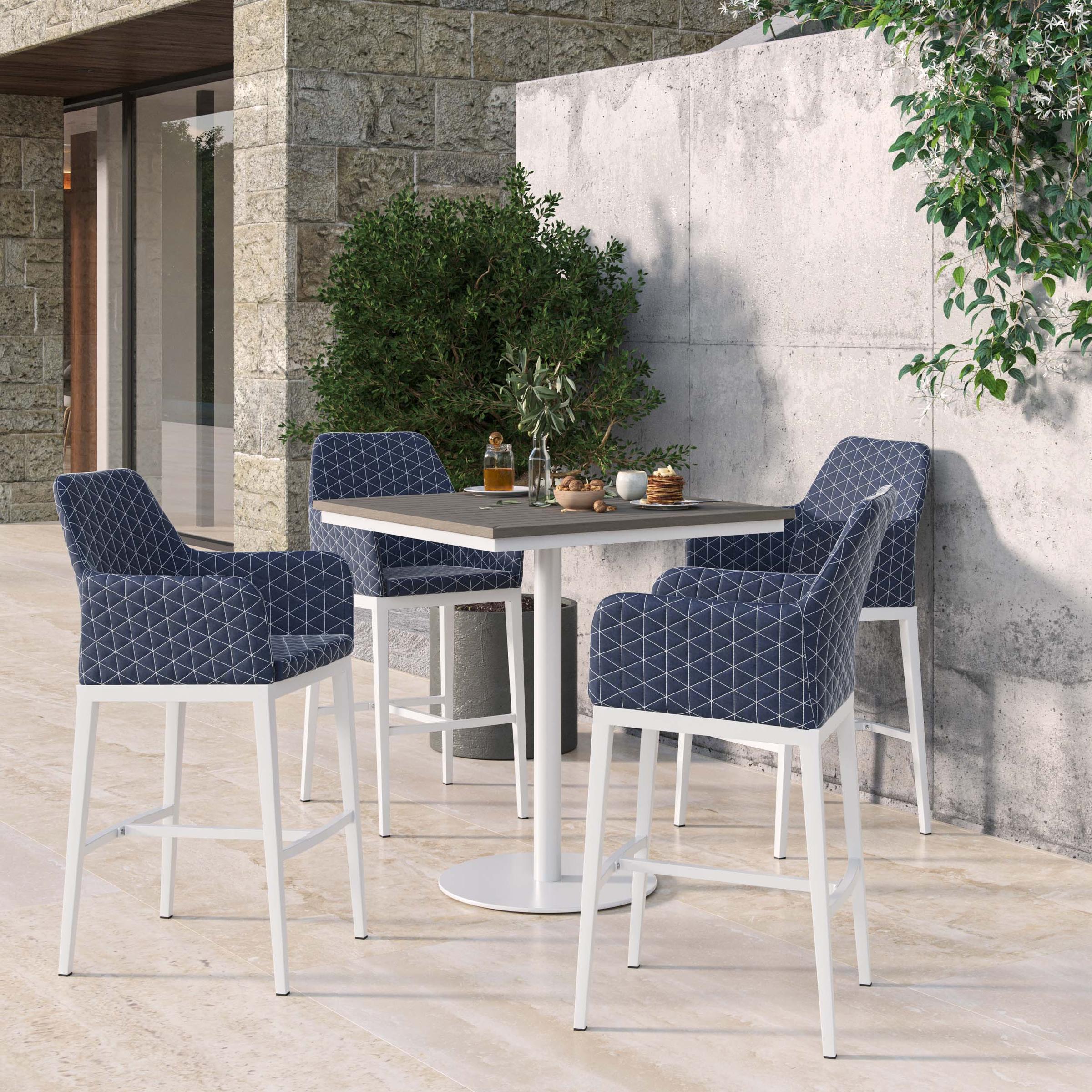 Oland 5-Piece 36" Square Bar Table & Bar Chairs Set - Vintage Tekwood Top - Chalk - Spectrum Indigo Quilted Upholstery & Cushion