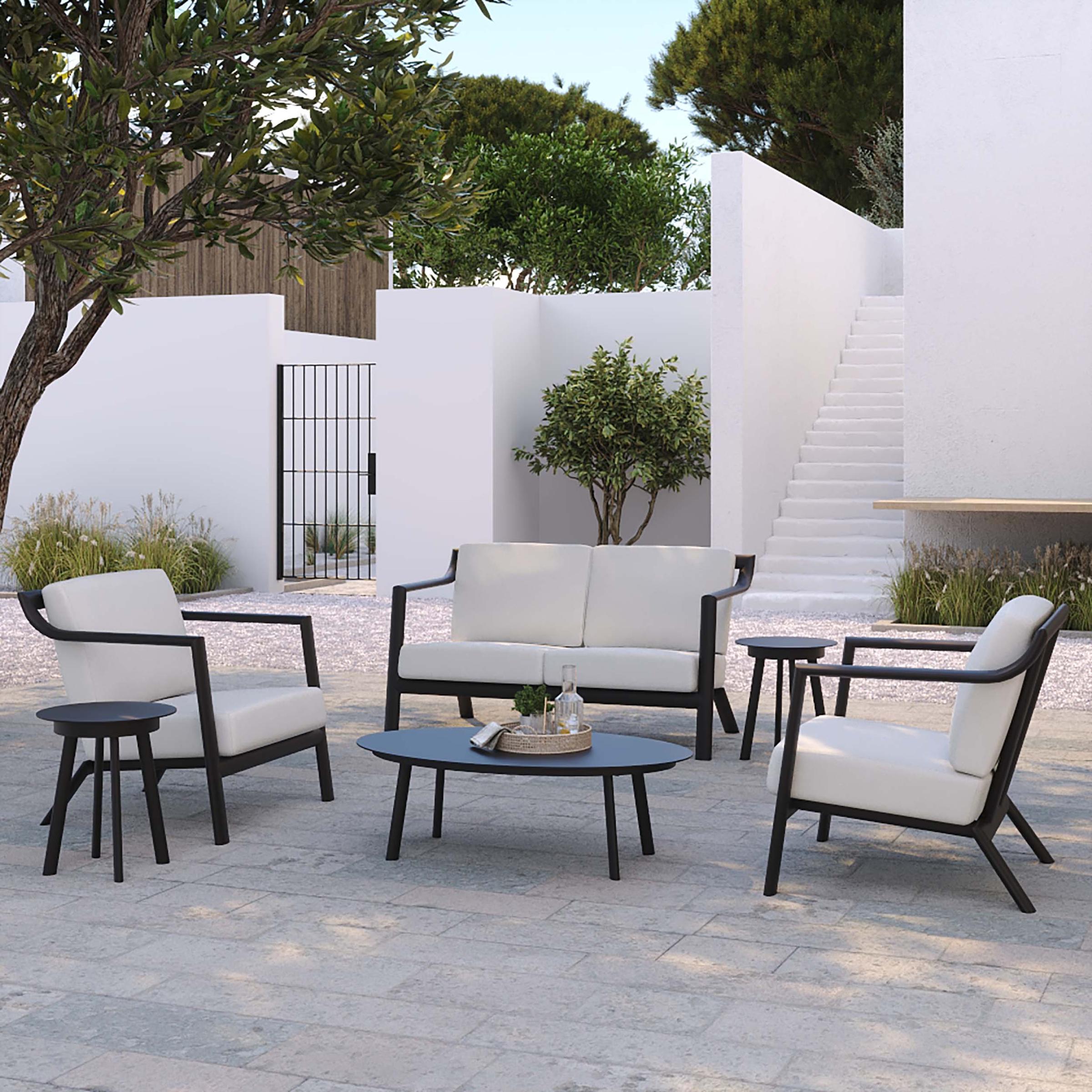 Markoe 6-Piece Loveseat, Club Chairs & Coffee Table, End Tables Lounge Set - Carbon - Sunbrella Bliss Linen Cushions