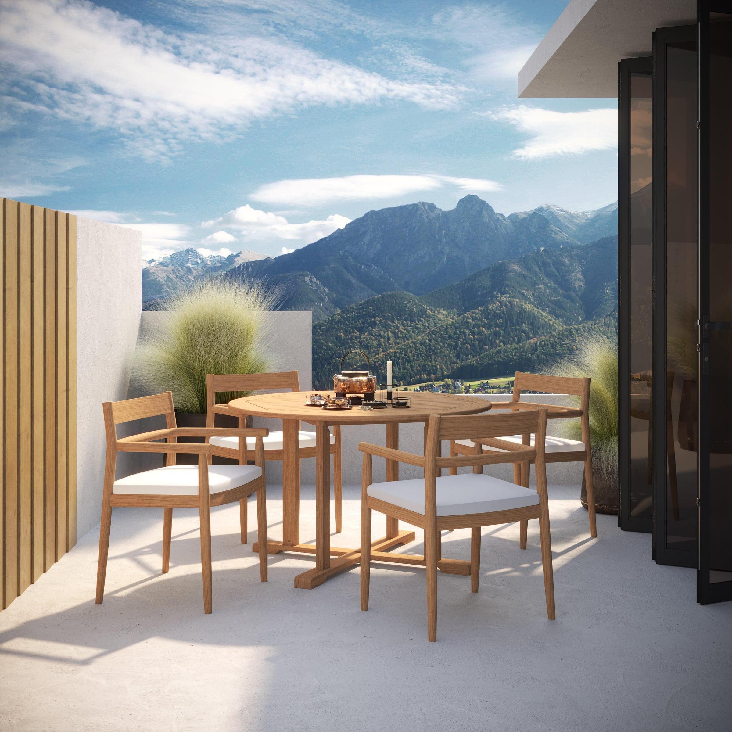 Lido 5-Piece 48" Round Dining Table & Armchairs Set - Teak - Bliss Linen Cushions