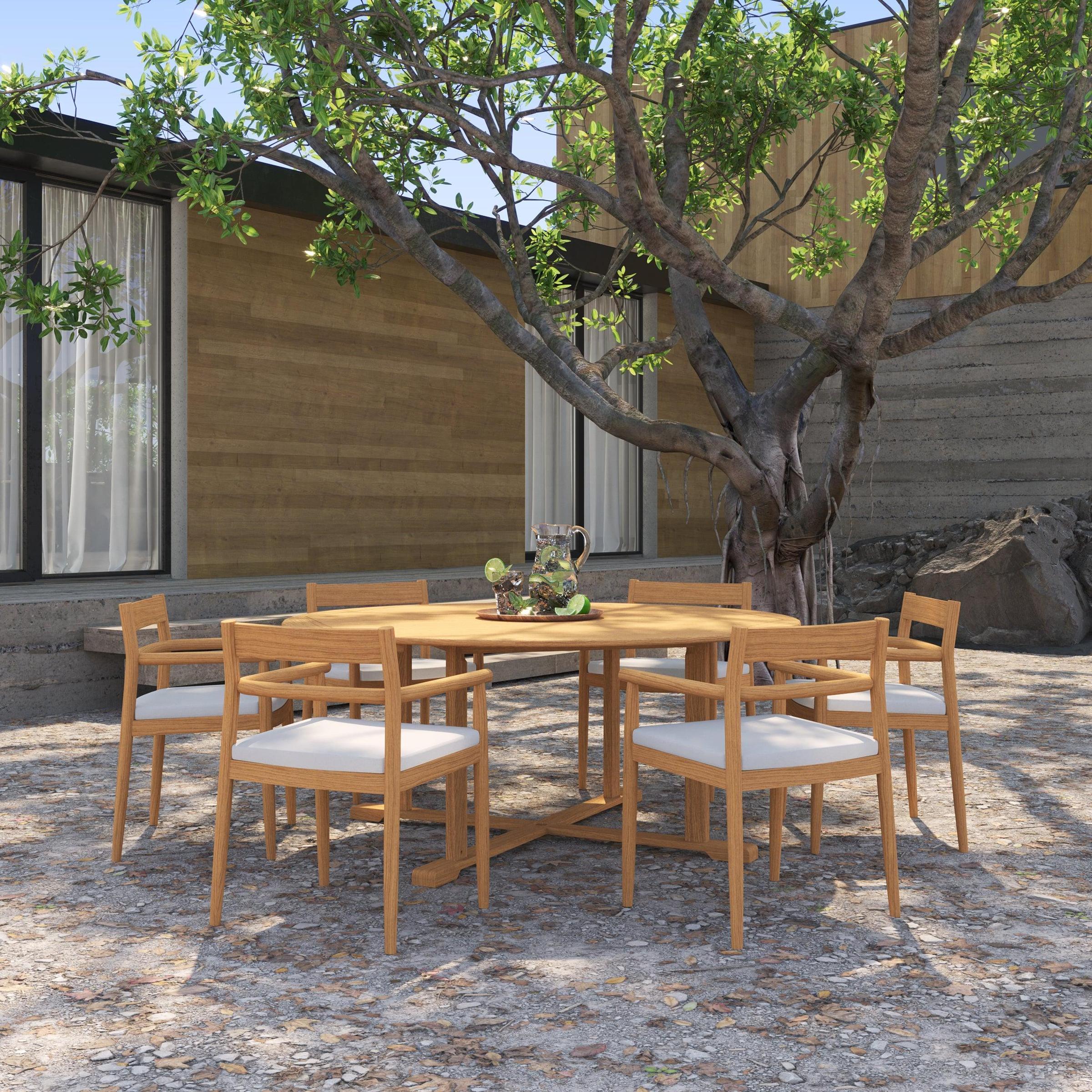 Lido 7-Piece 67" Round Dining Table & Armchairs Set - Teak -  Bliss Linen Cushions