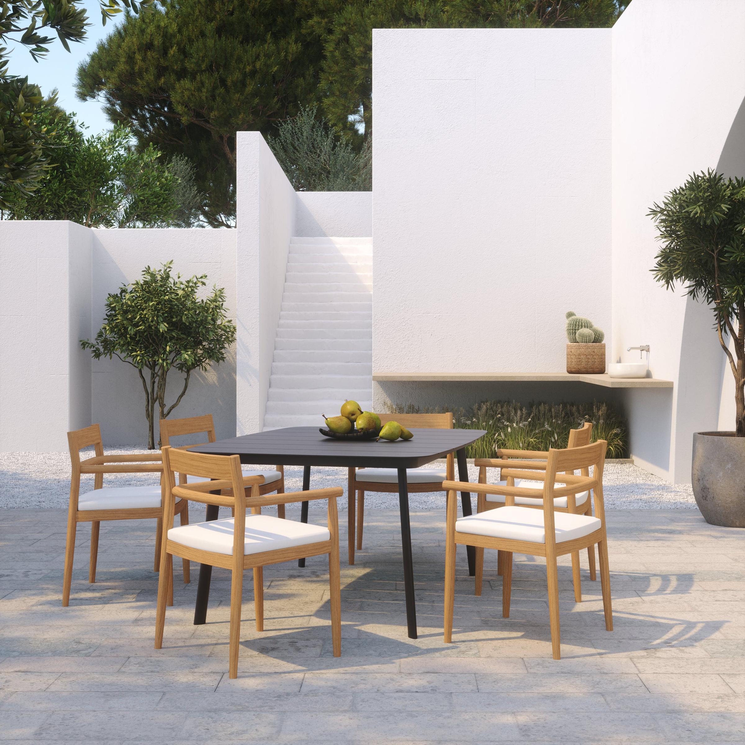 Lido 7-Piece 63" Rectangluar Dining Table & Armchairs Set - Teak -  Bliss Linen Cushions
