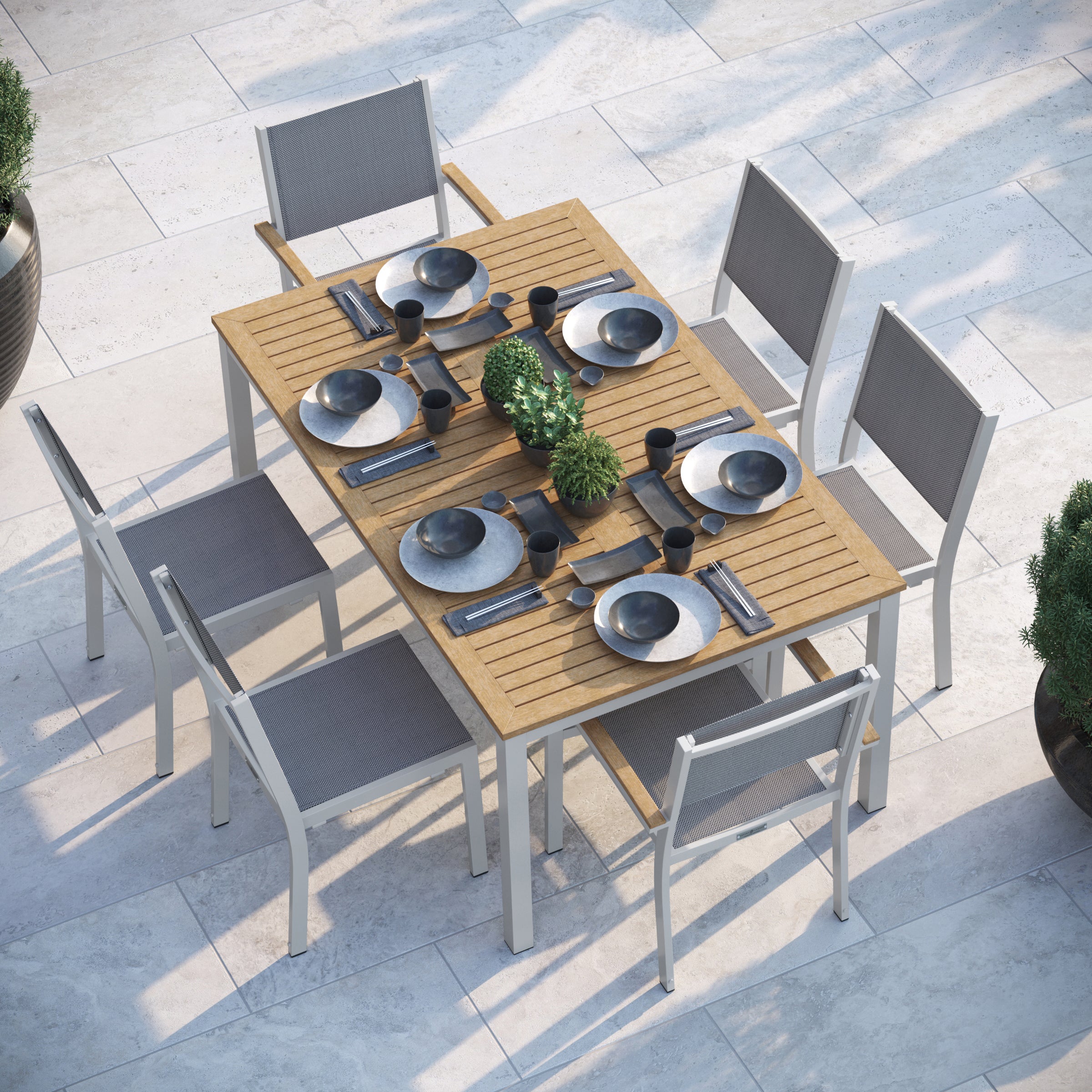 Travira 7-Piece 63" Rectangular Dining Table, Armchairs And Side Chairs Set - Natural Tekwood Top - Flint - Titanium Sling