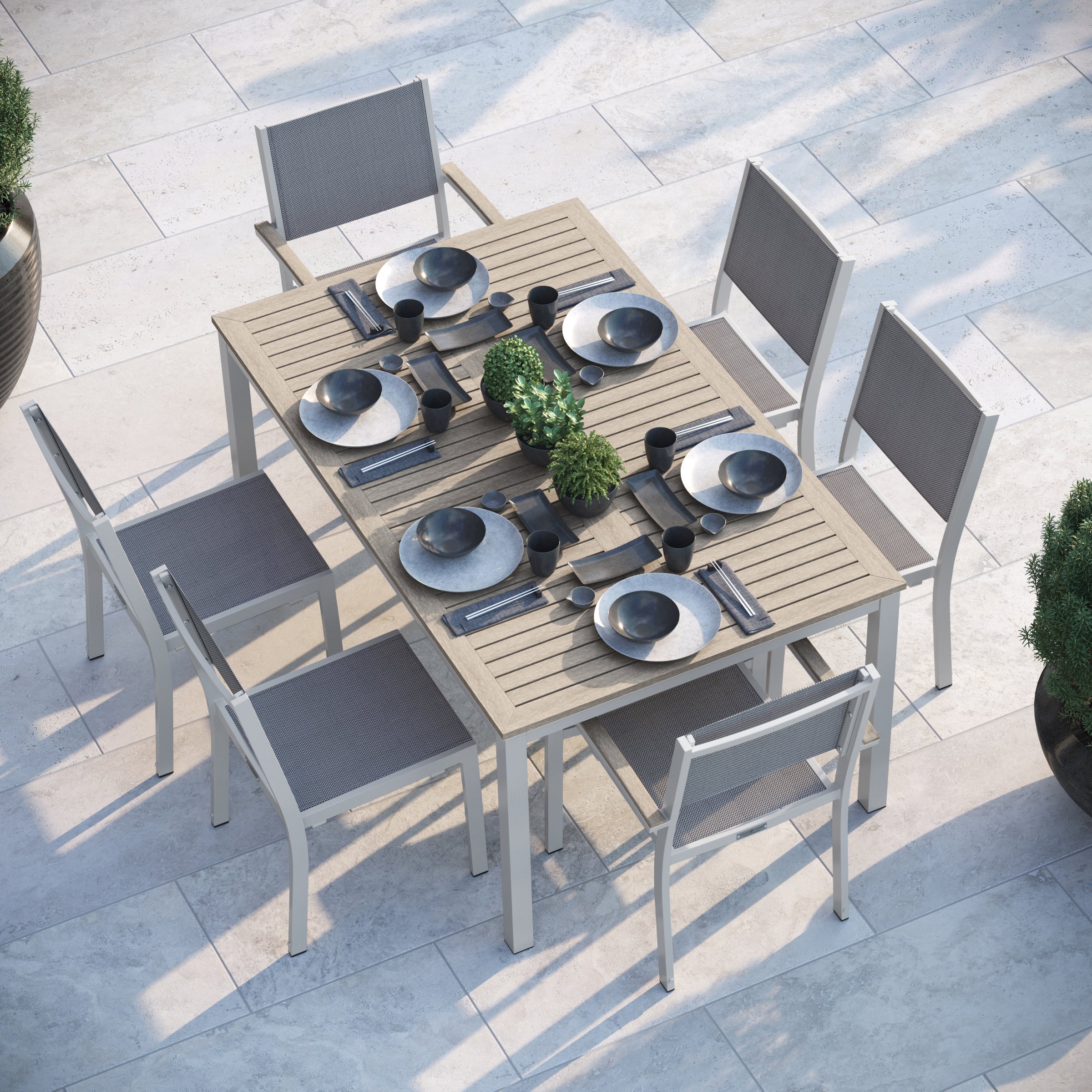 Travira 7-Piece 63" Rectangular Dining Table, Armchairs, And Side Chairs Set - Vintage Tekwood Top - Flint - Titanium Sling