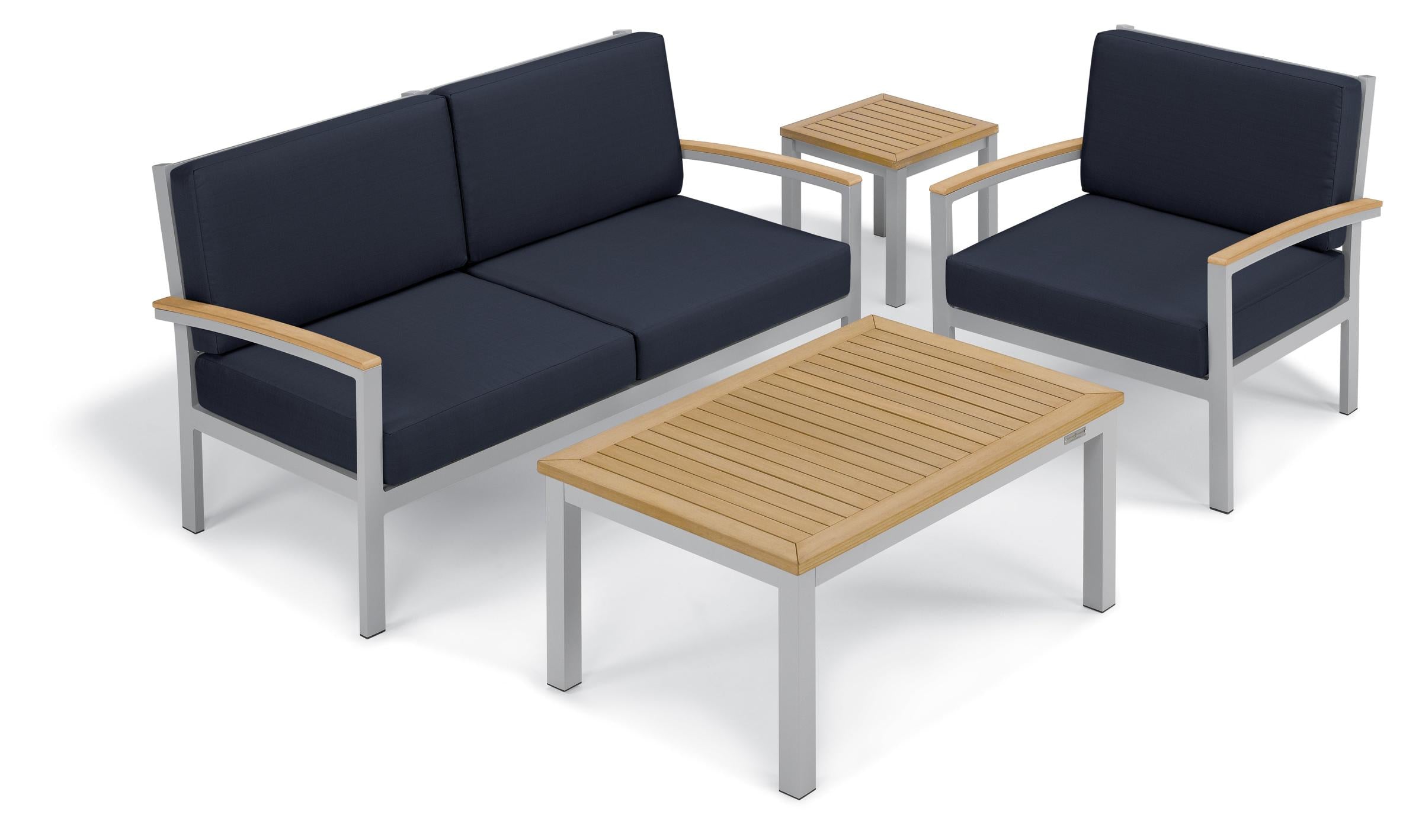 Travira 4-Piece Seat & Table Tekwood Chat Set - Midnight Blue Cushion - Natural Tekwood