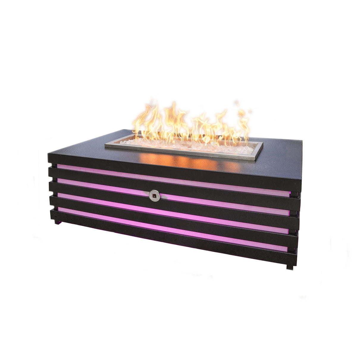 The Outdoor Plus Amina powder-coated fire pit with purple accent lighting
