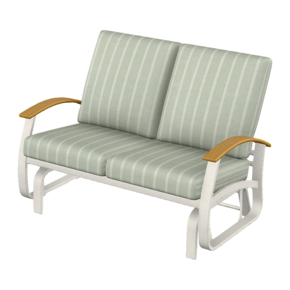 Belle Isle Cushion Loveseat Glider — Snow PC / Teak Accents