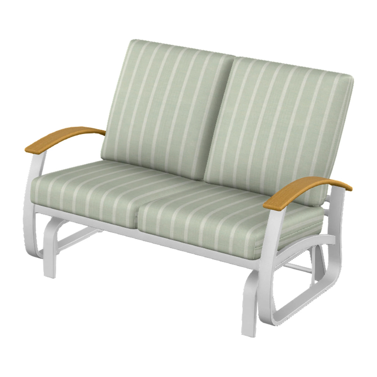 Belle Isle Cushion Loveseat Glider — White Txt PC / Teak Accents