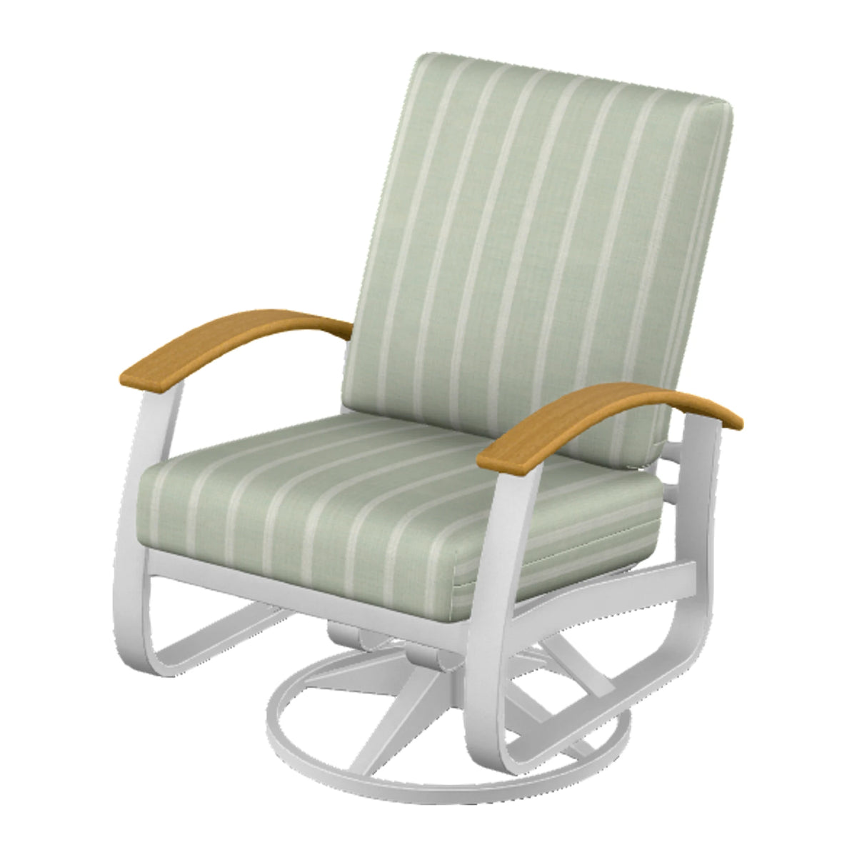 Belle Isle Cushion Swivel Rocker — White Txt PC / Teak Accents