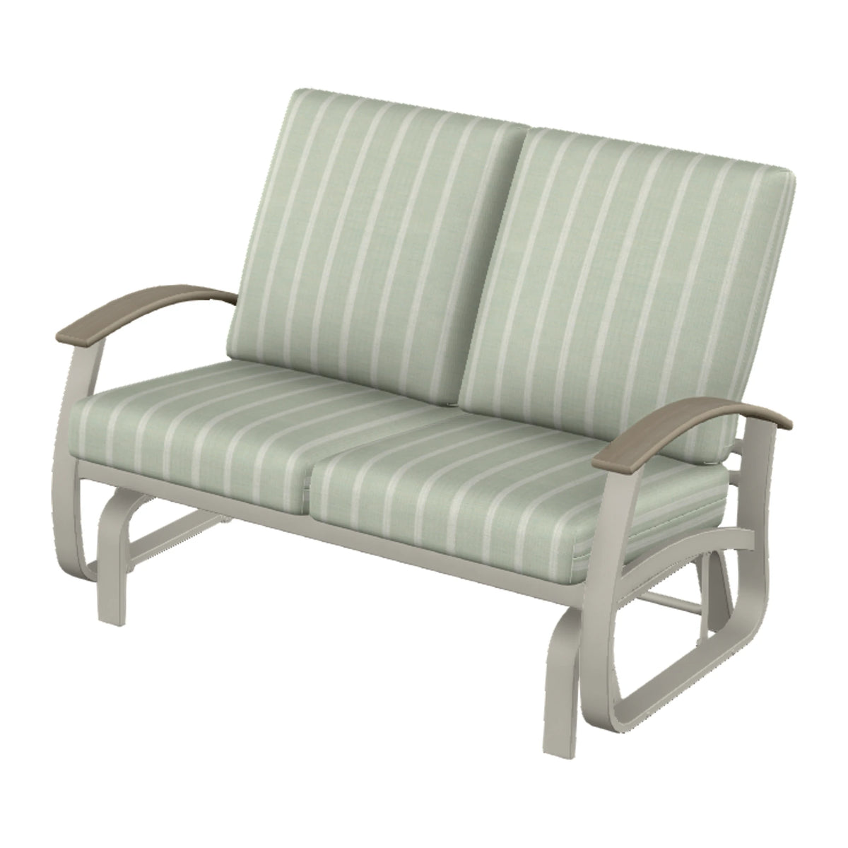 Belle Isle Cushion Loveseat Glider — Warm Grey PC / Weathered Wood Accent