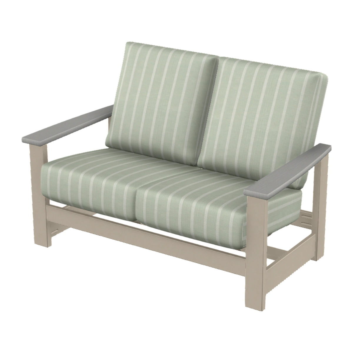 Leeward Cushion Loveseat w/ Hidden Motion — Desert Sand MGP / Cape Grey Accents