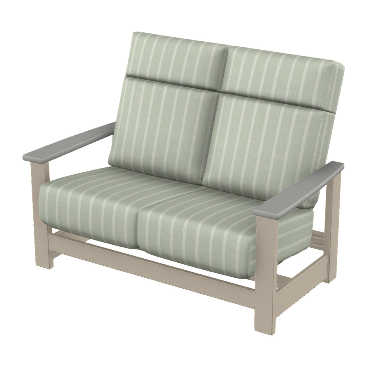 Leeward Cushion Supreme Loveseat w/ Hidden Motion — Desert Sand MGP / Cape Grey Accents