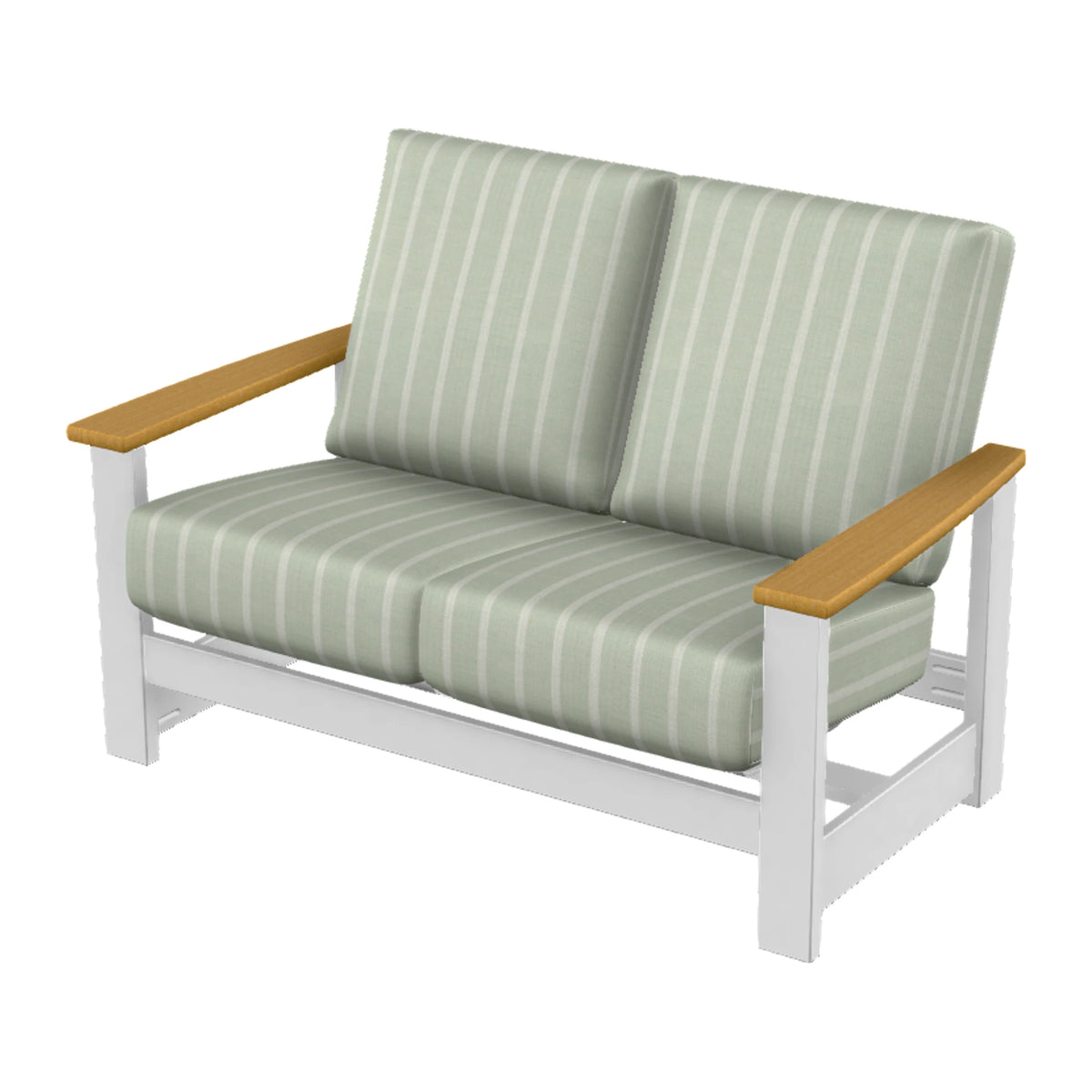 Leeward Cushion Loveseat w/ Hidden Motion — Snow MGP / Teak Accents