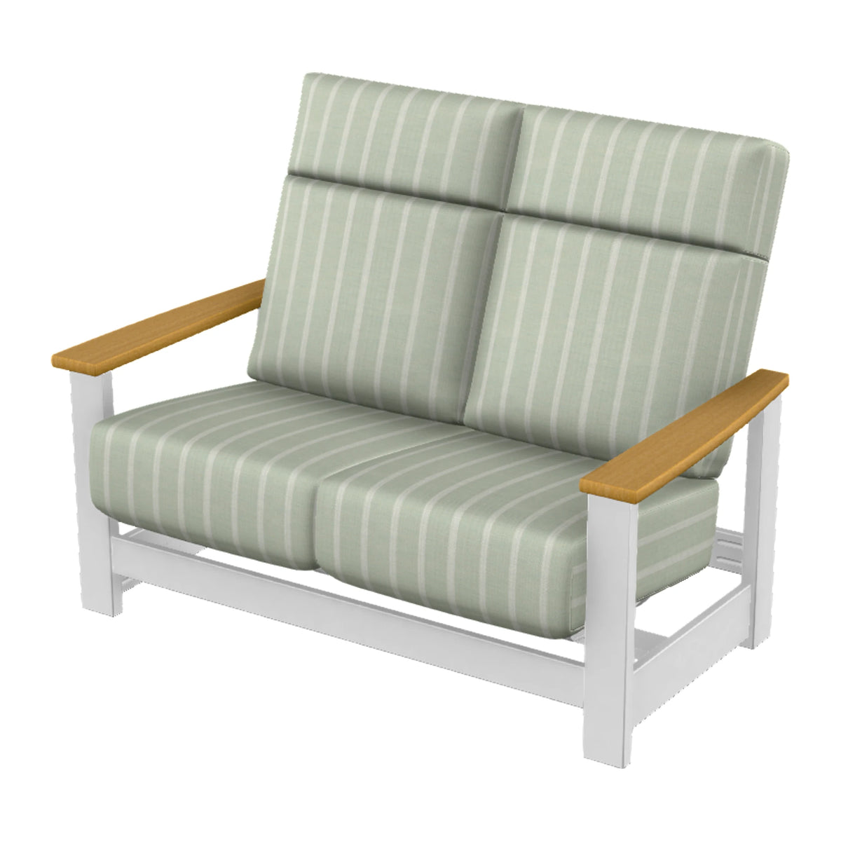 Leeward Cushion Supreme Loveseat w/ Hidden Motion — Snow MGP / Teak Accents