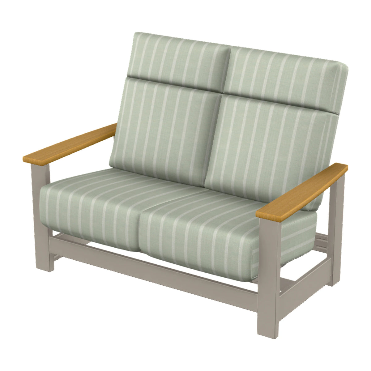 Leeward Cushion Supreme Loveseat w/ Hidden Motion — Warm Grey MGP / Teak Accents