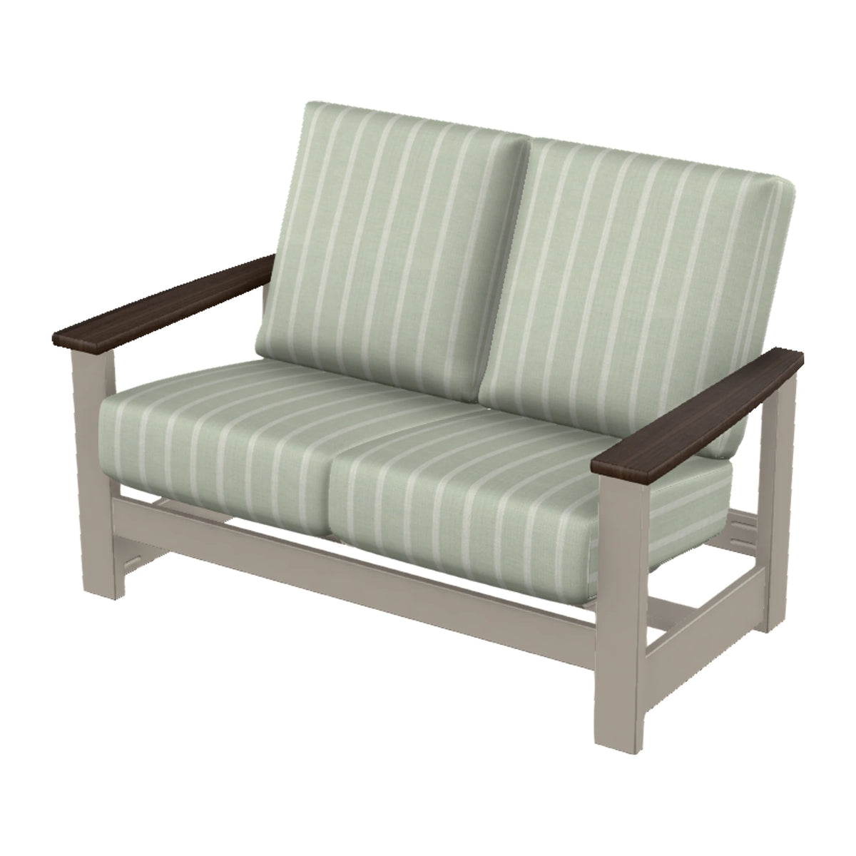 Leeward Cushion Loveseat w/ Hidden Motion — Warm Grey MGP / Chestnut Accents