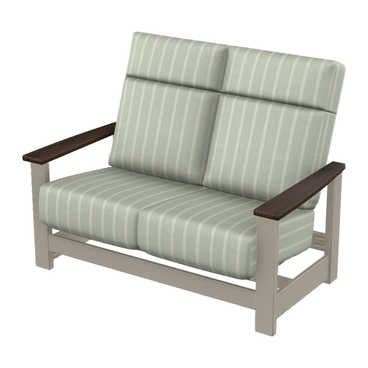 Leeward Cushion Supreme Loveseat w/ Hidden Motion — Warm Grey MGP / Chestnut Accents