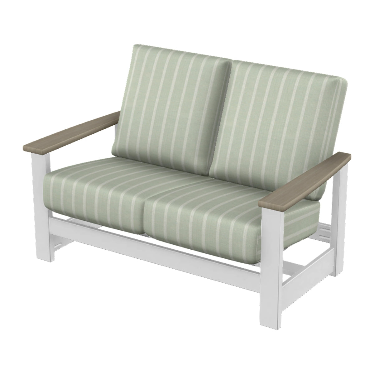 Leeward Cushion Loveseat w/ Hidden Motion — Snow MGP / Weathered Wood Accent
