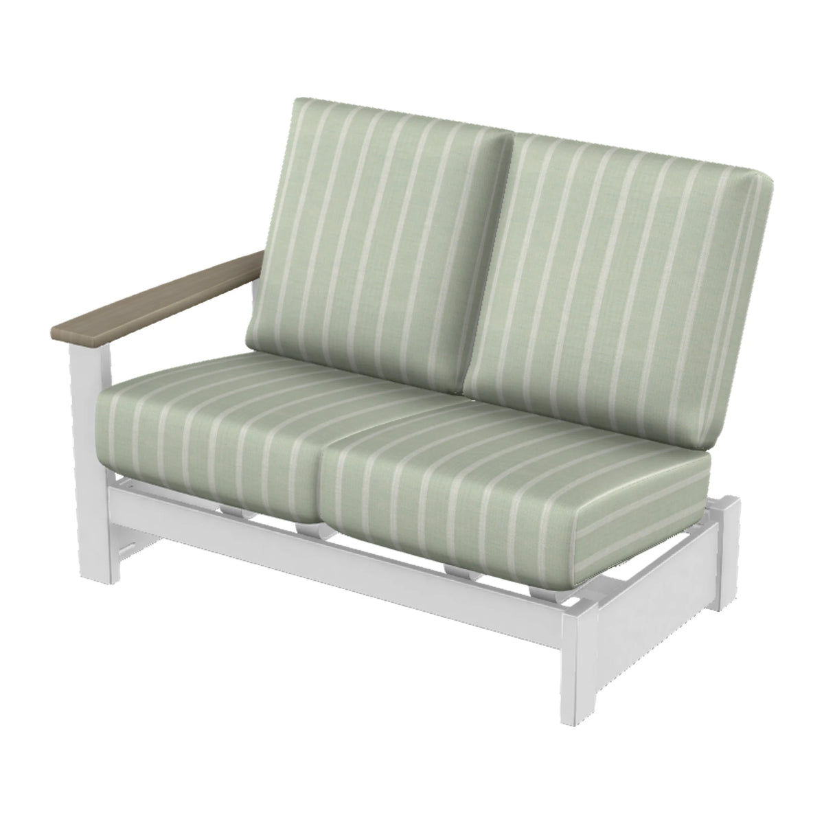 Leeward Cushion Loveseat Sectional w/ Hidden Motion (LAF) — Snow MGP / Weathered Wood Accent