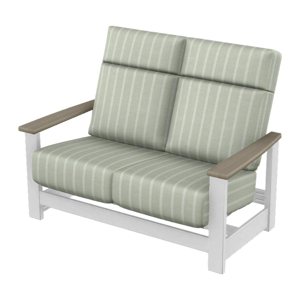 Leeward Cushion Supreme Loveseat w/ Hidden Motion — Snow MGP / Weathered Wood Accent