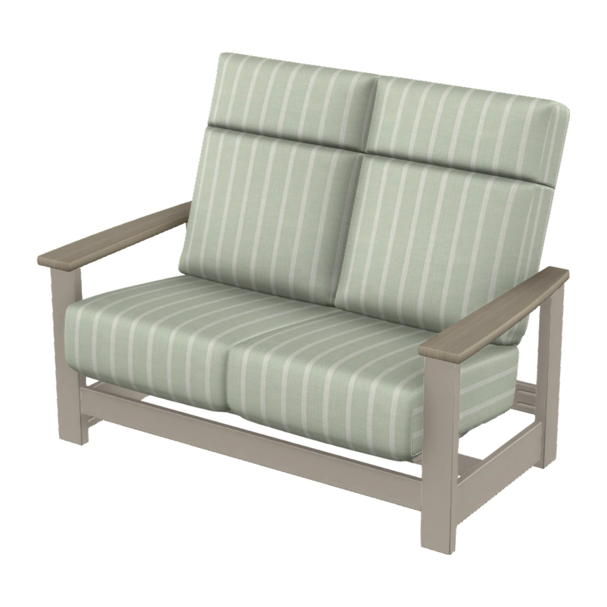 Leeward Cushion Supreme Loveseat w/ Hidden Motion — Warm Grey MGP / Weathered Wood Accent