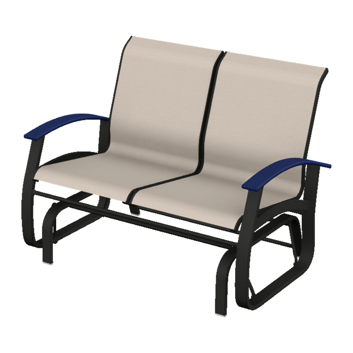 Belle Isle Sling Loveseat Glider — Black PC / Navy Accents