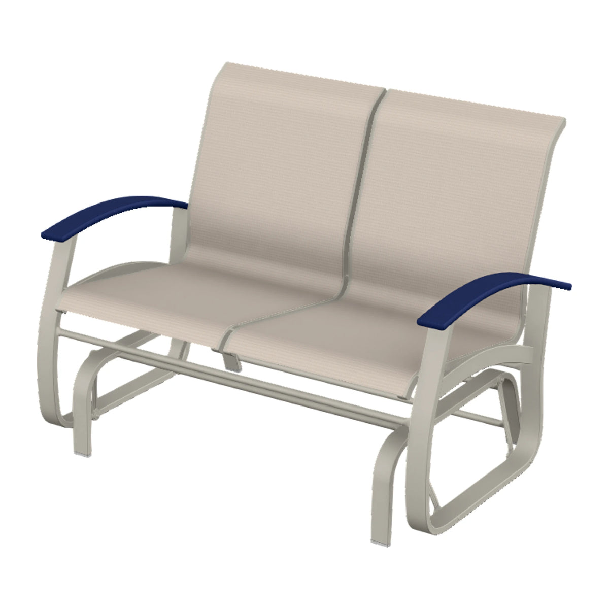Belle Isle Sling Loveseat Glider — Warm Grey PC / Navy Accents