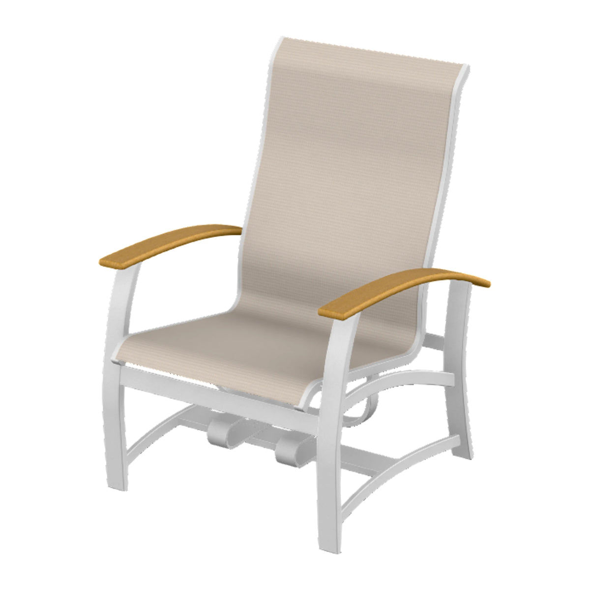 Belle Isle Sling Chat Chair w/ Hidden Motion — White Txt PC / Teak Accents