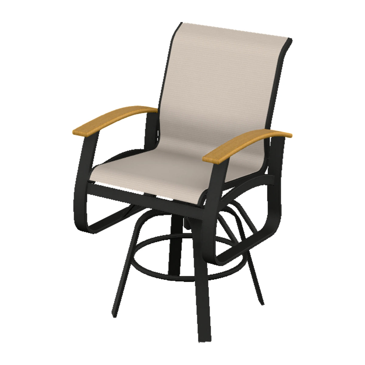Belle Isle Sling Balcony Swivel Chair — Black PC / Teak Accents
