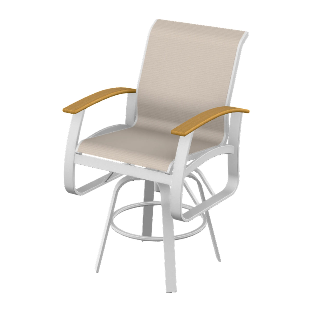 Belle Isle Sling Bar Swivel Chair — White Txt PC / Teak Accents
