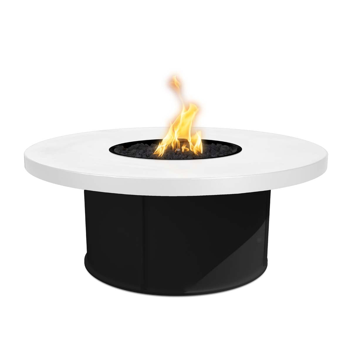 The Outdoor Plus Mabel powder-coated fire table with white top and black base
